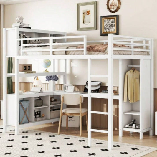 Metal Loft Bed with Wardrobe And L - shaped Desk, Full Size Loft Bed with Storage Cubes and Shelves, Heavy Duty Loft Bed Kids Teens Adults, White