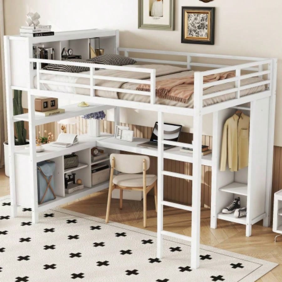 Metal Loft Bed with Wardrobe And L - shaped Desk, Full Size Loft Bed with Storage Cubes and Shelves, Heavy Duty Loft Bed Kids Teens Adults, White