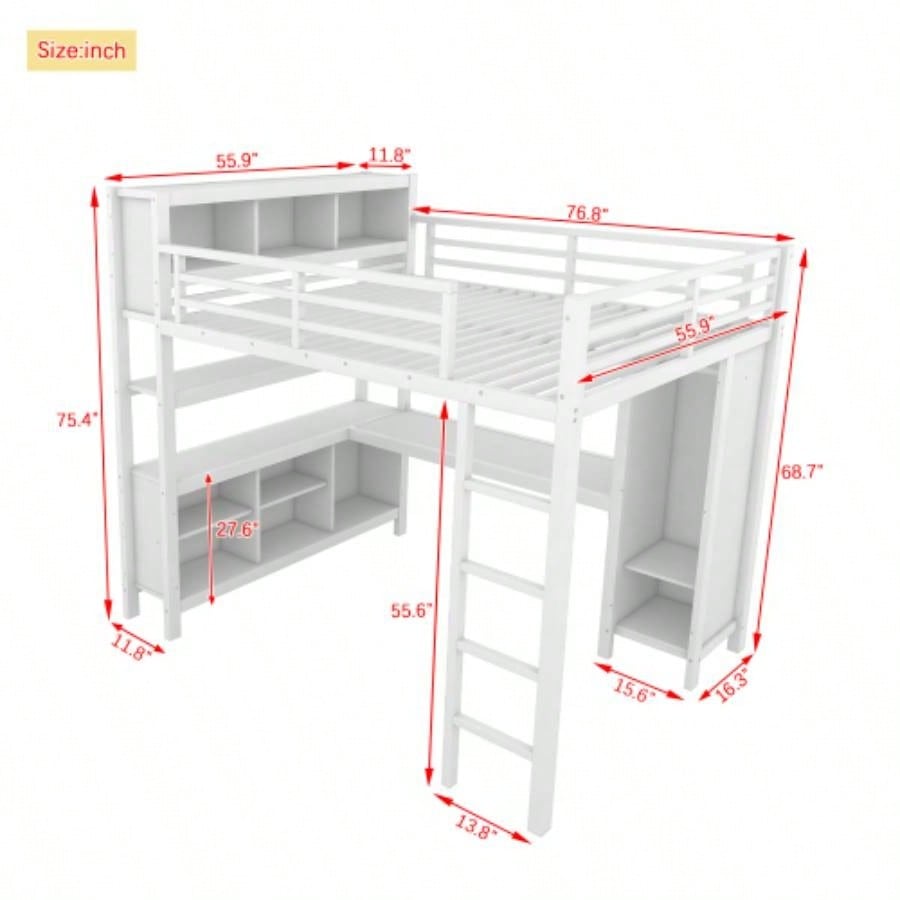 Metal Loft Bed with Wardrobe And L - shaped Desk, Full Size Loft Bed with Storage Cubes and Shelves, Heavy Duty Loft Bed Kids Teens Adults, White