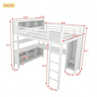 Metal Loft Bed with Wardrobe And L - shaped Desk, Full Size Loft Bed with Storage Cubes and Shelves, Heavy Duty Loft Bed Kids Teens Adults, White