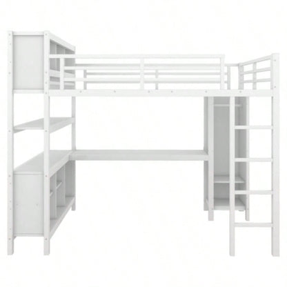 Metal Loft Bed with Wardrobe And L - shaped Desk, Full Size Loft Bed with Storage Cubes and Shelves, Heavy Duty Loft Bed Kids Teens Adults, White