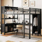 Metal Loft Bed with Wardrobe And L - shaped Desk, Full Size Loft Bed with Storage Cubes and Shelves, Heavy Duty Loft Bed Kids Teens Adults, Black