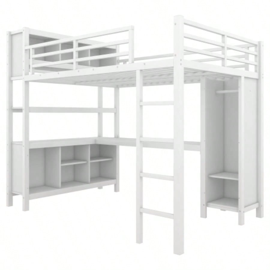 Metal Loft Bed with Wardrobe And L - shaped Desk, Full Size Loft Bed with Storage Cubes and Shelves, Heavy Duty Loft Bed Kids Teens Adults, White