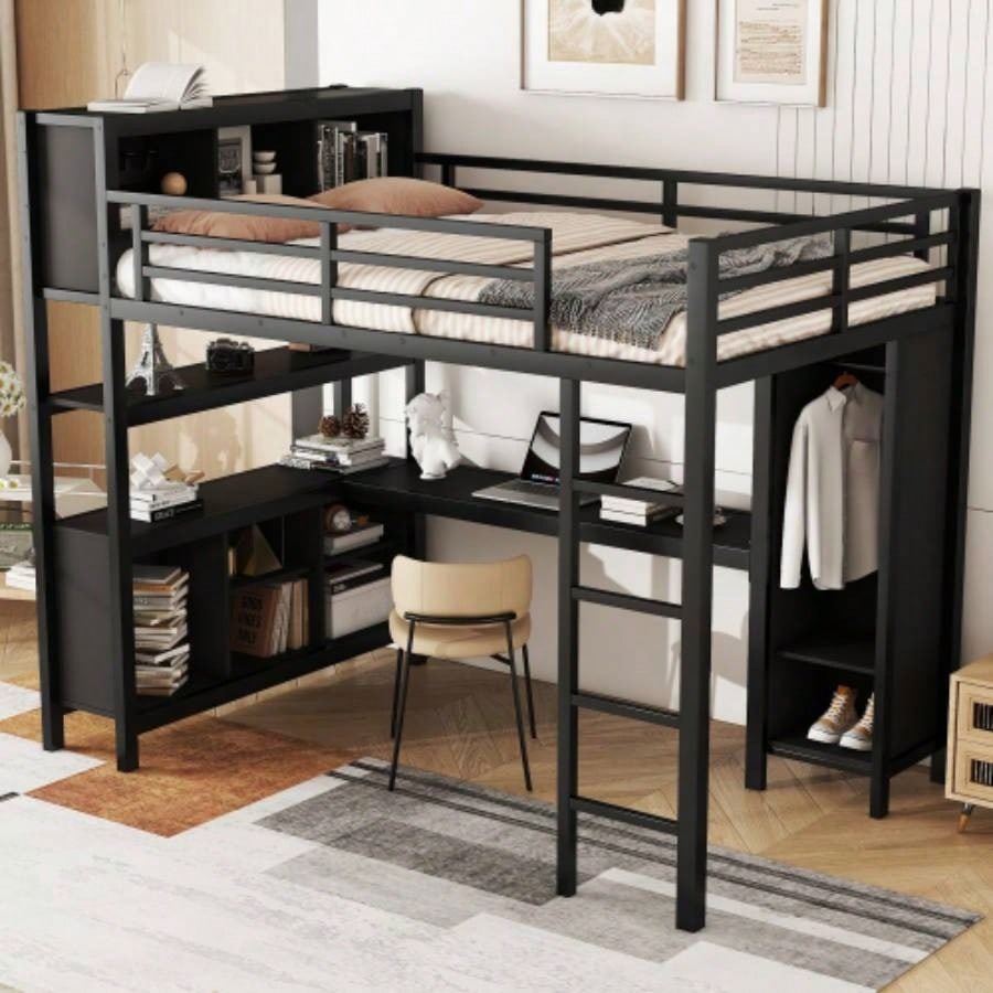 Metal Loft Bed with Wardrobe And L - shaped Desk, Full Size Loft Bed with Storage Cubes and Shelves, Heavy Duty Loft Bed Kids Teens Adults, Black