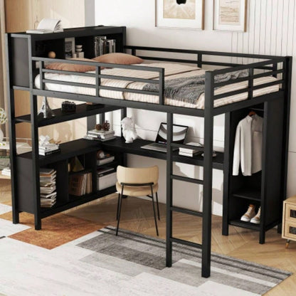 Metal Loft Bed with Wardrobe And L - shaped Desk, Full Size Loft Bed with Storage Cubes and Shelves, Heavy Duty Loft Bed Kids Teens Adults, Black