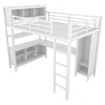 Metal Loft Bed with Wardrobe And L - shaped Desk, Full Size Loft Bed with Storage Cubes and Shelves, Heavy Duty Loft Bed Kids Teens Adults, White