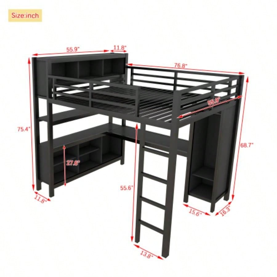 Metal Loft Bed with Wardrobe And L - shaped Desk, Full Size Loft Bed with Storage Cubes and Shelves, Heavy Duty Loft Bed Kids Teens Adults, Black