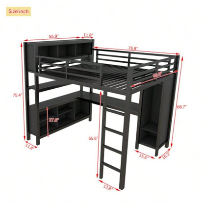 Metal Loft Bed with Wardrobe And L - shaped Desk, Full Size Loft Bed with Storage Cubes and Shelves, Heavy Duty Loft Bed Kids Teens Adults, Black