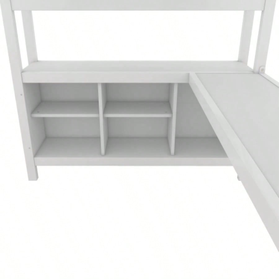 Metal Loft Bed with Wardrobe And L - shaped Desk, Full Size Loft Bed with Storage Cubes and Shelves, Heavy Duty Loft Bed Kids Teens Adults, White