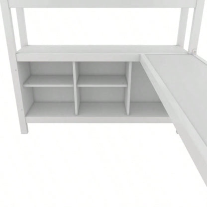 Metal Loft Bed with Wardrobe And L - shaped Desk, Full Size Loft Bed with Storage Cubes and Shelves, Heavy Duty Loft Bed Kids Teens Adults, White
