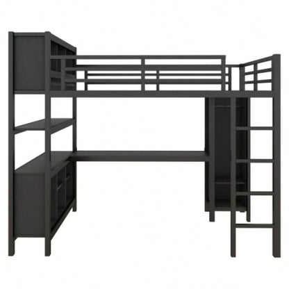 Metal Loft Bed with Wardrobe And L - shaped Desk, Full Size Loft Bed with Storage Cubes and Shelves, Heavy Duty Loft Bed Kids Teens Adults, Black