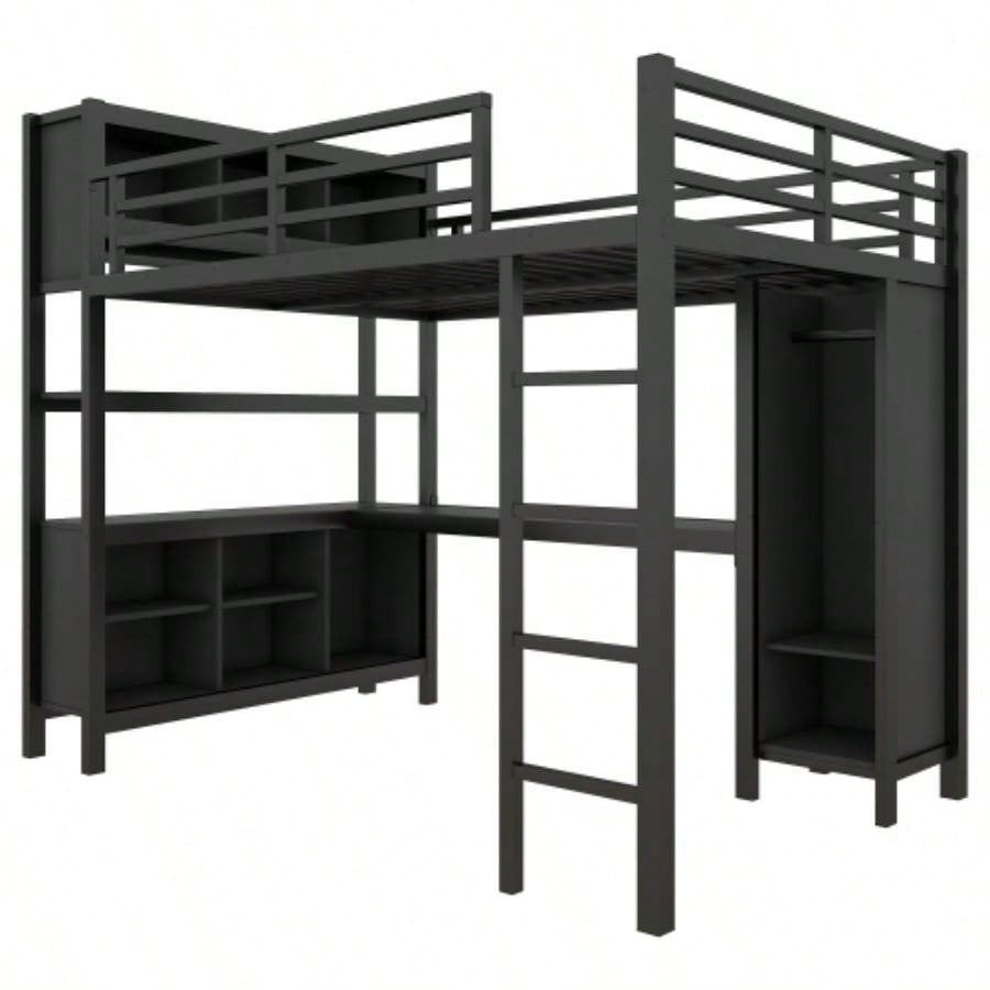 Metal Loft Bed with Wardrobe And L - shaped Desk, Full Size Loft Bed with Storage Cubes and Shelves, Heavy Duty Loft Bed Kids Teens Adults, Black