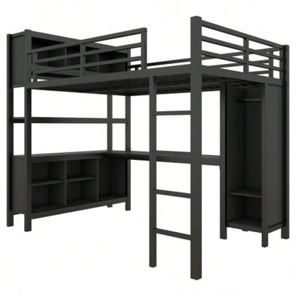 Metal Loft Bed with Wardrobe And L - shaped Desk, Full Size Loft Bed with Storage Cubes and Shelves, Heavy Duty Loft Bed Kids Teens Adults, Black