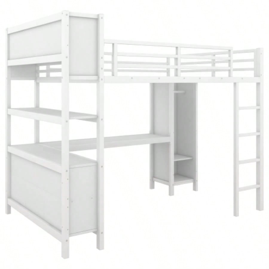 Metal Loft Bed with Wardrobe And L - shaped Desk, Full Size Loft Bed with Storage Cubes and Shelves, Heavy Duty Loft Bed Kids Teens Adults, White