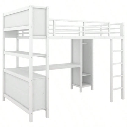 Metal Loft Bed with Wardrobe And L - shaped Desk, Full Size Loft Bed with Storage Cubes and Shelves, Heavy Duty Loft Bed Kids Teens Adults, White