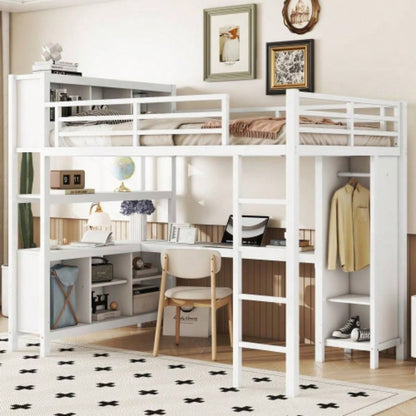 Metal Loft Bed with Wardrobe And L - shaped Desk, Full Size Loft Bed with Storage Cubes and Shelves, Heavy Duty Loft Bed Kids Teens Adults, Black