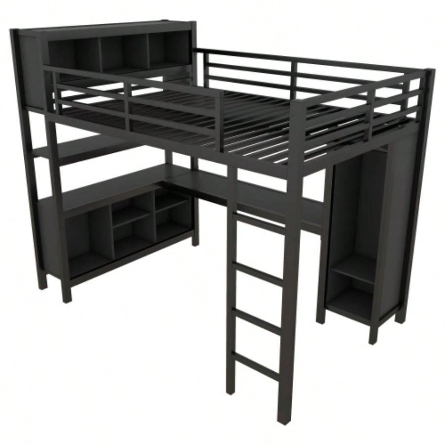 Metal Loft Bed with Wardrobe And L - shaped Desk, Full Size Loft Bed with Storage Cubes and Shelves, Heavy Duty Loft Bed Kids Teens Adults, Black