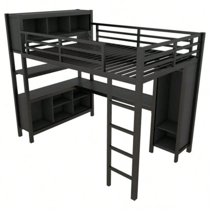 Metal Loft Bed with Wardrobe And L - shaped Desk, Full Size Loft Bed with Storage Cubes and Shelves, Heavy Duty Loft Bed Kids Teens Adults, Black