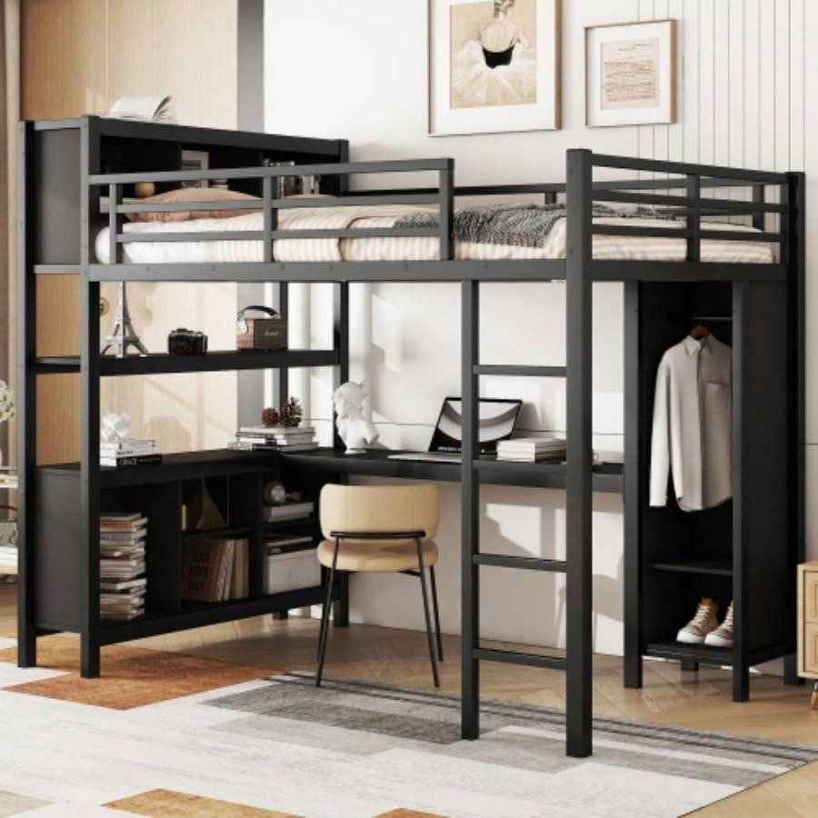 Metal Loft Bed with Wardrobe And L - shaped Desk, Full Size Loft Bed with Storage Cubes and Shelves, Heavy Duty Loft Bed Kids Teens Adults, Black