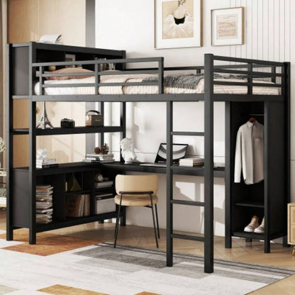 Metal Loft Bed with Wardrobe And L - shaped Desk, Full Size Loft Bed with Storage Cubes and Shelves, Heavy Duty Loft Bed Kids Teens Adults, Black
