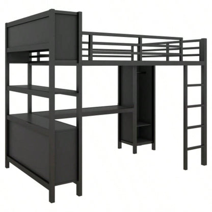 Metal Loft Bed with Wardrobe And L - shaped Desk, Full Size Loft Bed with Storage Cubes and Shelves, Heavy Duty Loft Bed Kids Teens Adults, Black