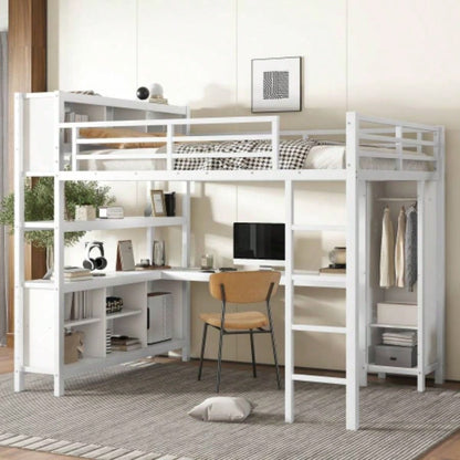 Metal Loft Bed with Wardrobe And L - shaped Desk, Full Size Loft Bed with Storage Cubes and Shelves, Heavy Duty Loft Bed Kids Teens Adults, White