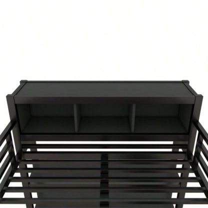 Metal Loft Bed with Wardrobe And L - shaped Desk, Full Size Loft Bed with Storage Cubes and Shelves, Heavy Duty Loft Bed Kids Teens Adults, Black