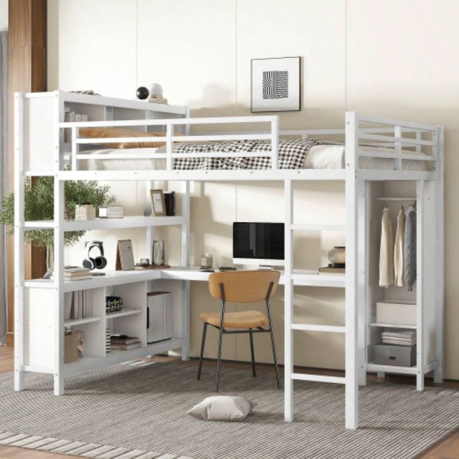 Metal Loft Bed with Wardrobe And L - shaped Desk, Full Size Loft Bed with Storage Cubes and Shelves, Heavy Duty Loft Bed Kids Teens Adults, Black