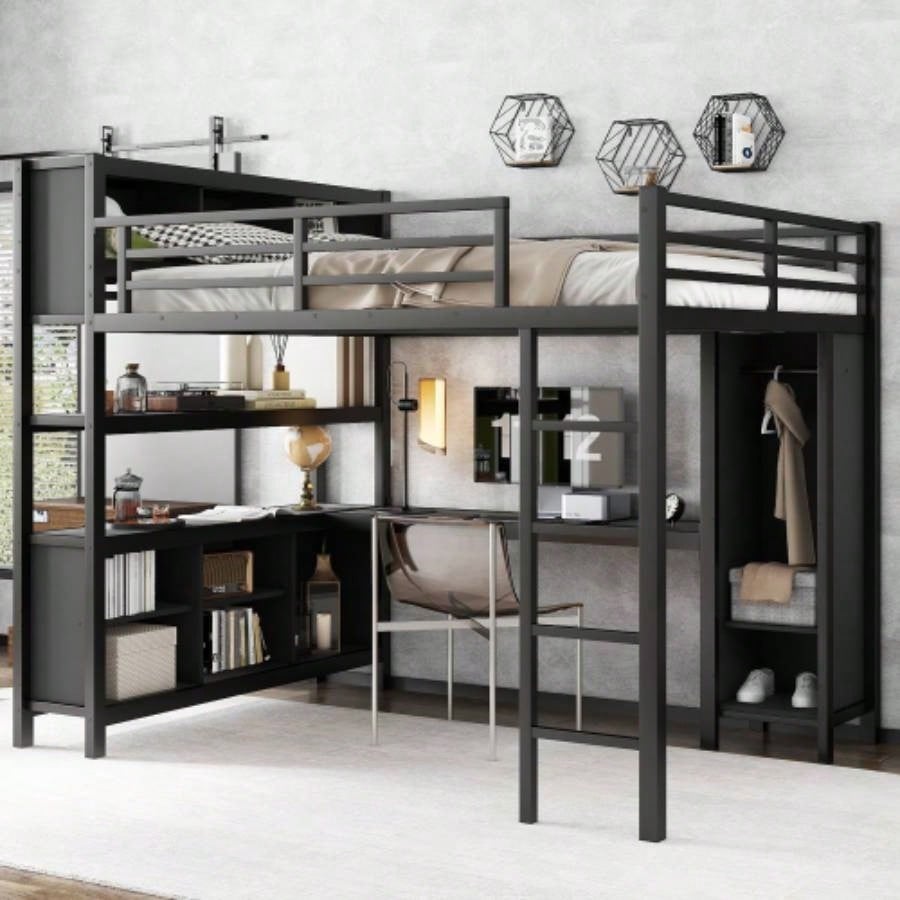 Metal Loft Bed with Wardrobe And L - shaped Desk, Full Size Loft Bed with Storage Cubes and Shelves, Heavy Duty Loft Bed Kids Teens Adults, Black
