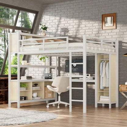 Metal Loft Bed with Wardrobe And L - shaped Desk, Full Size Loft Bed with Storage Cubes and Shelves, Heavy Duty Loft Bed Kids Teens Adults, Black