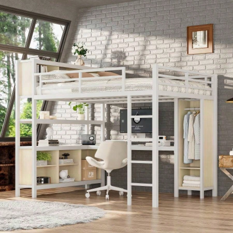 Metal Loft Bed with Wardrobe And L - shaped Desk, Full Size Loft Bed with Storage Cubes and Shelves, Heavy Duty Loft Bed Kids Teens Adults, White