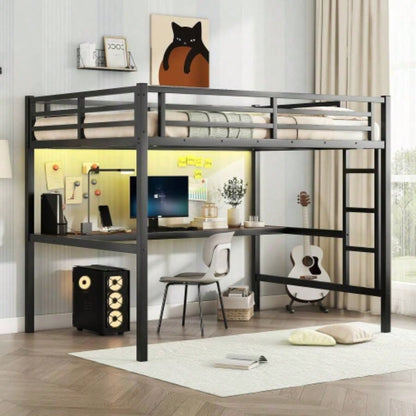 Metal Full Size Loft Bed with Power Outlet and LED Lighted, Space - Saving, Noise Reduced, Black