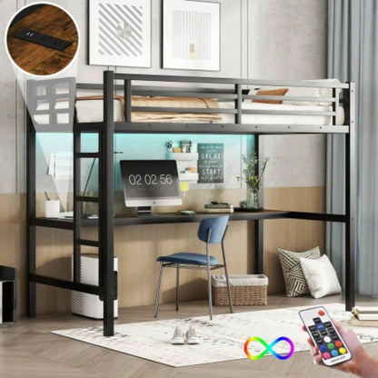 Metal Twin XL Size Loft Bed with Power Outlet and LED Lighted, Space - Saving, Noise Reduced, Black