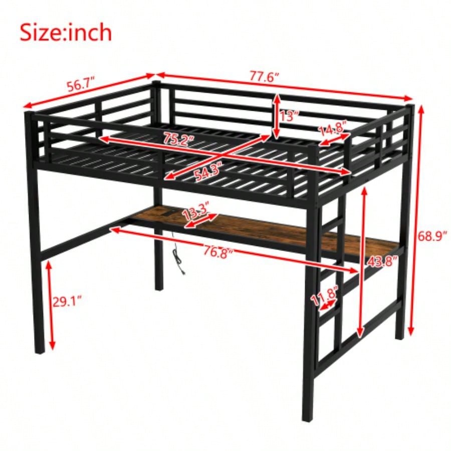Metal Full Size Loft Bed with Power Outlet and LED Lighted, Space - Saving, Noise Reduced, Black