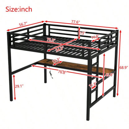 Metal Full Size Loft Bed with Power Outlet and LED Lighted, Space - Saving, Noise Reduced, Black