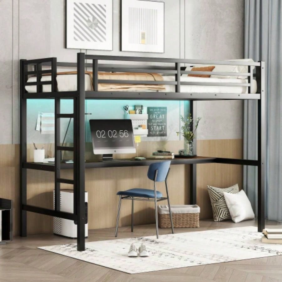 Metal Twin XL Size Loft Bed with Power Outlet and LED Lighted, Space - Saving, Noise Reduced, Black