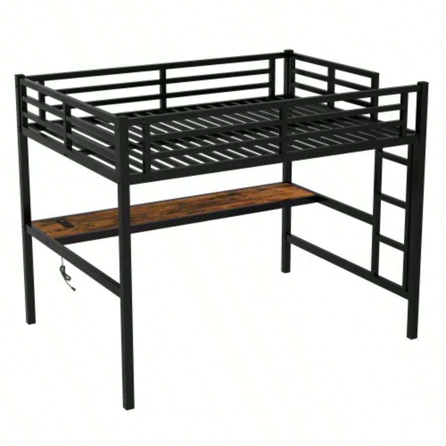 Metal Full Size Loft Bed with Power Outlet and LED Lighted, Space - Saving, Noise Reduced, Black