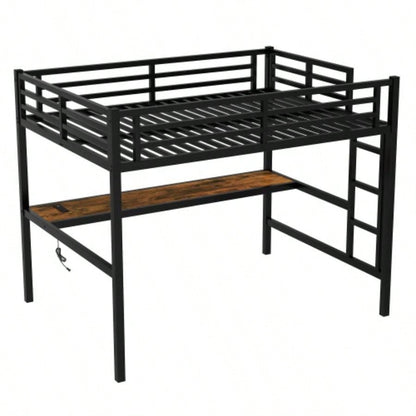 Metal Full Size Loft Bed with Power Outlet and LED Lighted, Space - Saving, Noise Reduced, Black