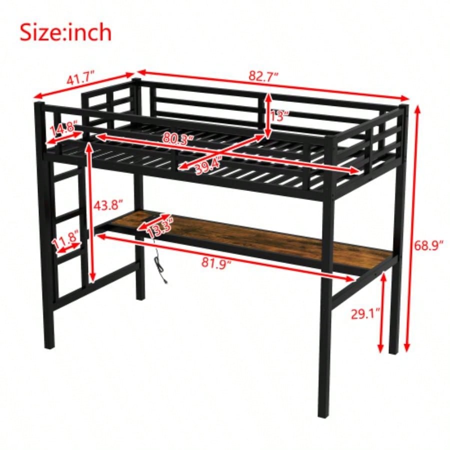 Metal Twin XL Size Loft Bed with Power Outlet and LED Lighted, Space - Saving, Noise Reduced, Black