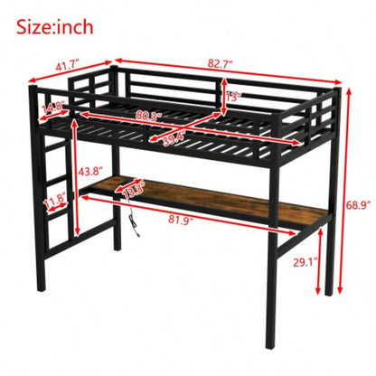 Metal Twin XL Size Loft Bed with Power Outlet and LED Lighted, Space - Saving, Noise Reduced, Black