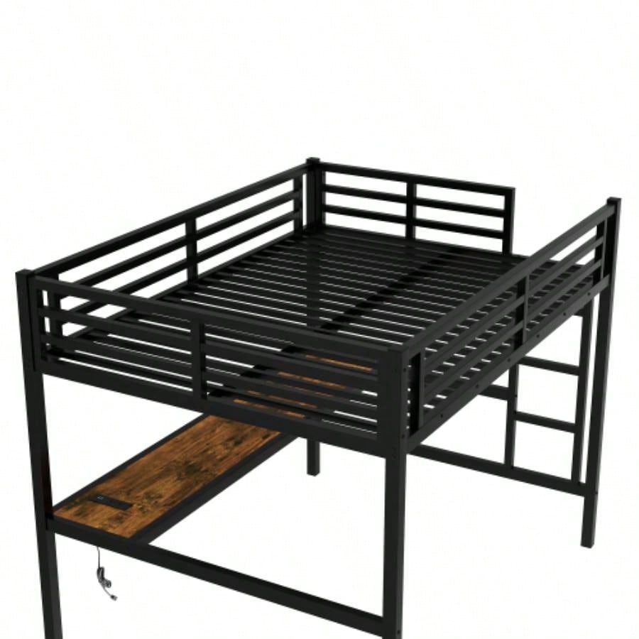 Metal Full Size Loft Bed with Power Outlet and LED Lighted, Space - Saving, Noise Reduced, Black
