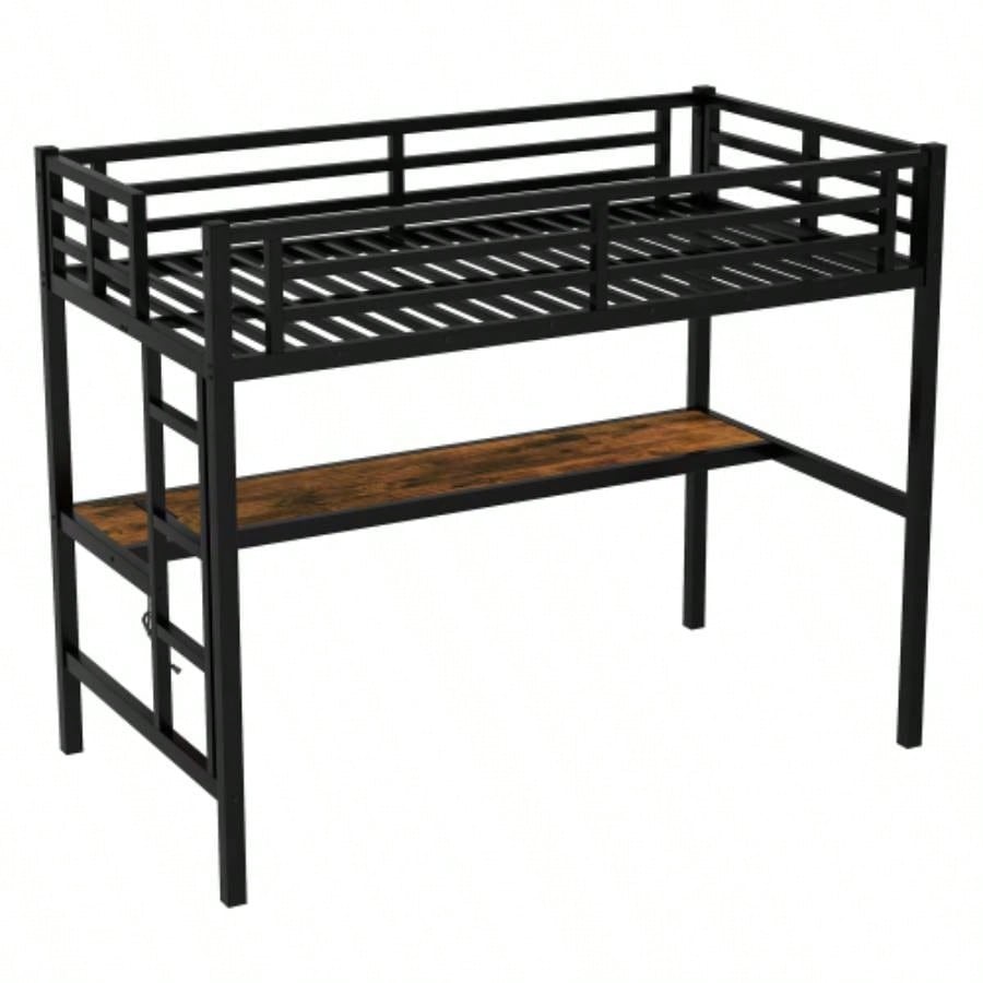 Metal Twin XL Size Loft Bed with Power Outlet and LED Lighted, Space - Saving, Noise Reduced, Black
