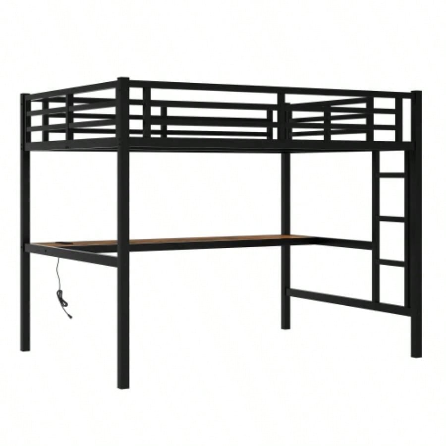 Metal Full Size Loft Bed with Power Outlet and LED Lighted, Space - Saving, Noise Reduced, Black
