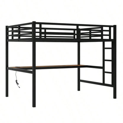 Metal Full Size Loft Bed with Power Outlet and LED Lighted, Space - Saving, Noise Reduced, Black