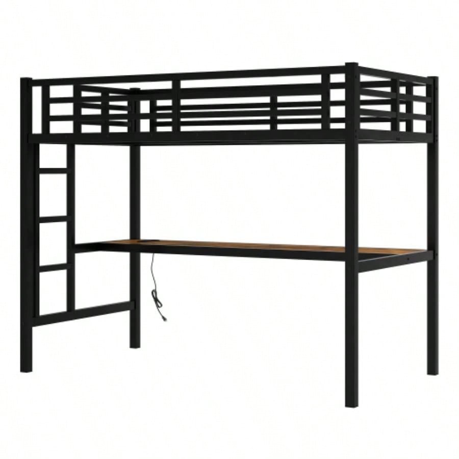 Metal Twin XL Size Loft Bed with Power Outlet and LED Lighted, Space - Saving, Noise Reduced, Black