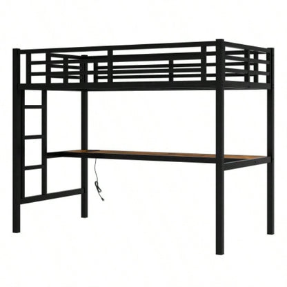 Metal Twin XL Size Loft Bed with Power Outlet and LED Lighted, Space - Saving, Noise Reduced, Black