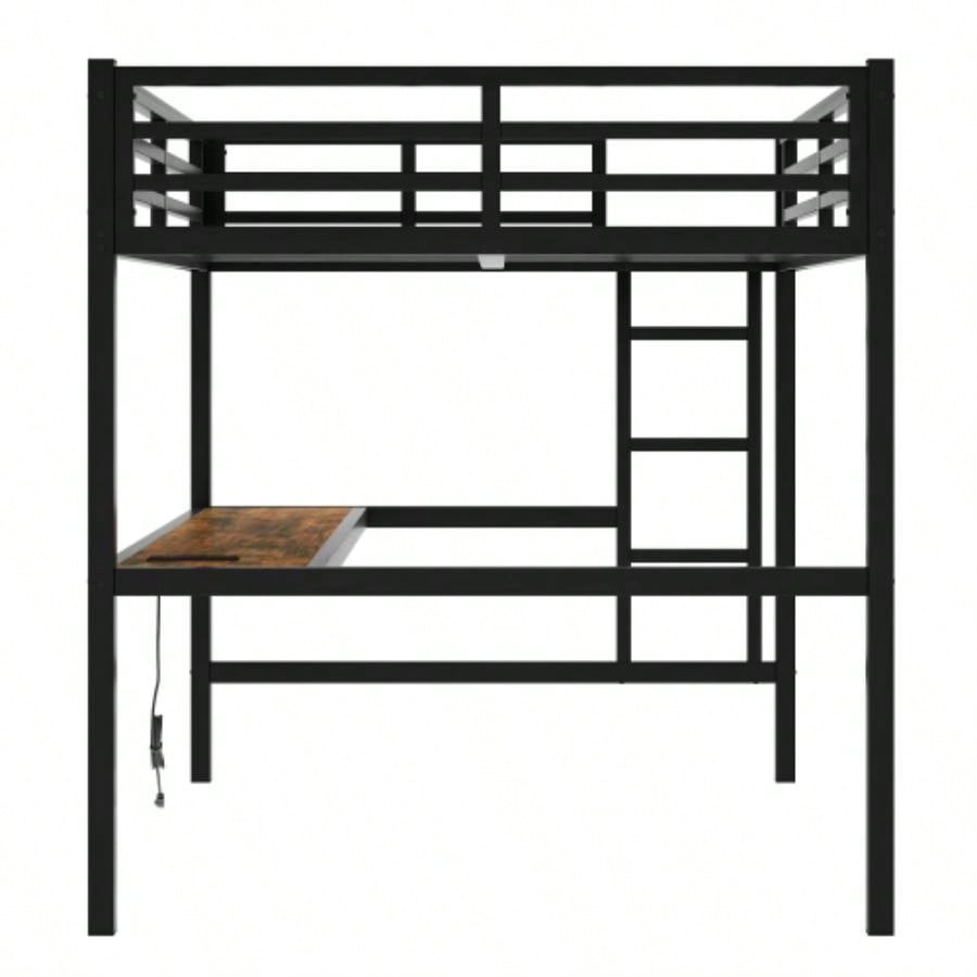 Metal Full Size Loft Bed with Power Outlet and LED Lighted, Space - Saving, Noise Reduced, Black