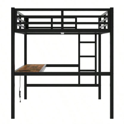 Metal Full Size Loft Bed with Power Outlet and LED Lighted, Space - Saving, Noise Reduced, Black