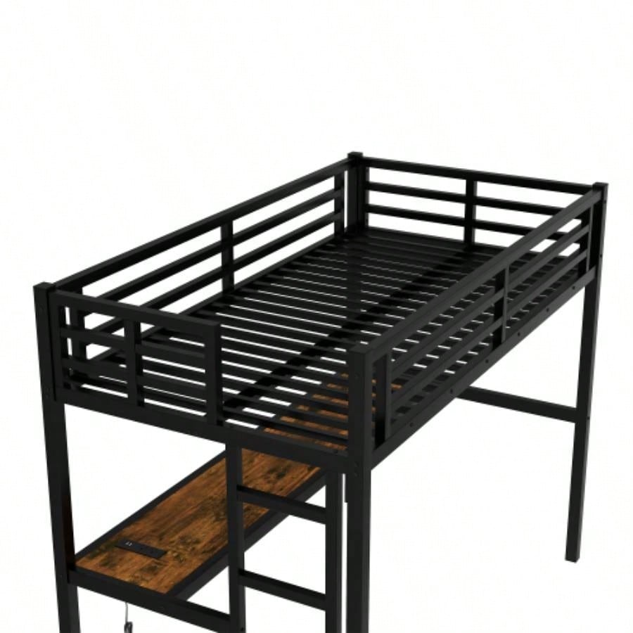 Metal Twin XL Size Loft Bed with Power Outlet and LED Lighted, Space - Saving, Noise Reduced, Black