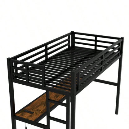 Metal Twin XL Size Loft Bed with Power Outlet and LED Lighted, Space - Saving, Noise Reduced, Black